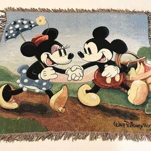 Vintage Disney World Mickey & Minnie Mouse Blanket Tapestry Woven Throw Fringe
